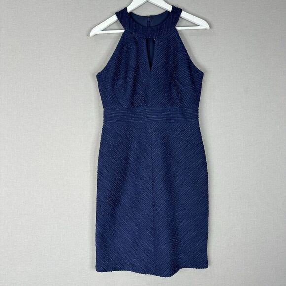 Eliza J Womens Dress 12 Petite Blue Metallic Rib Sheath Halter Cocktail Holiday - Picture 1 of 12